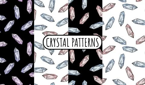 Set of crystal doodles seamless border patterns. Cute cartoon vector quartz a Stock Illustration