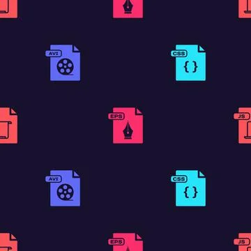 Set CSS file document, AVI, EPS and JS on seamless pattern. Vector Stock Illustration