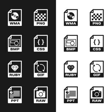 Set CSS file document, BMP, WMA, PNG, RUBY and GIF icon. Vector Stock-Illustration