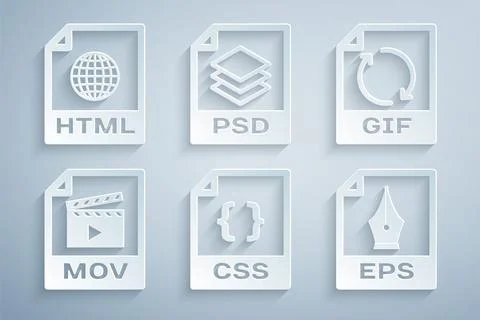 Set CSS file document, GIF, MOV, EPS, PSD and HTML icon. Vector Illustrazione stock