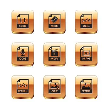 Set CSS file document, HTML, GIF, MOV, OGG and XSL icon. Vector Illustrazione stock