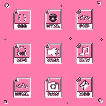 Set CSS file document, HTML, PHP, MP3, WMA and WAV icon. Vector イラスト素材