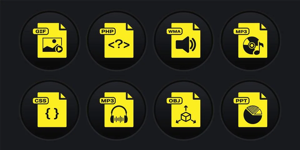 Set CSS file document, MP3, OBJ, WMA, PHP, PPT and GIF icon. Vector Stock Illustration