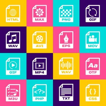 Set CSS file document, OTF, MOV, PNG, AVI and WAV icon. Vector イラスト素材