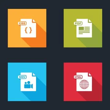 Set CSS file document, PDF, MOV and HTML icon. Vector Stockillustratie