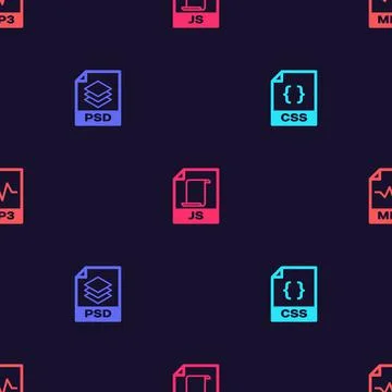 Set CSS file document, PSD, JS and MP3 on seamless pattern. Vector Illustrazione stock
