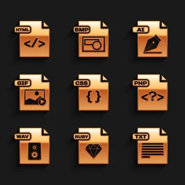 Set CSS file document, RUBY, TXT, PHP, WAV, GIF, AI and HTML icon. Vector Stock-Illustration