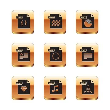 Set CSS file document, RUBY, WAV, GIF, DOC, PPT, OBJ and PNG icon. Vector イラスト素材