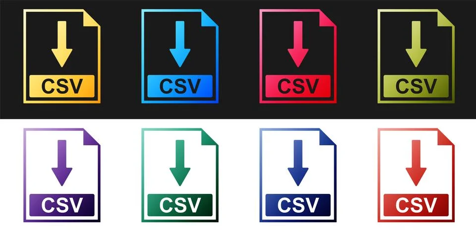 Set CSV file document icon. Download CSV button icon isolated on black and white Stock Illustration