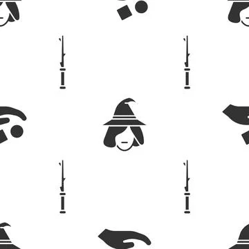 Set Cube levitating above hand, Witch and Magic wand on seamless pattern. Vector 스톡 일러스트