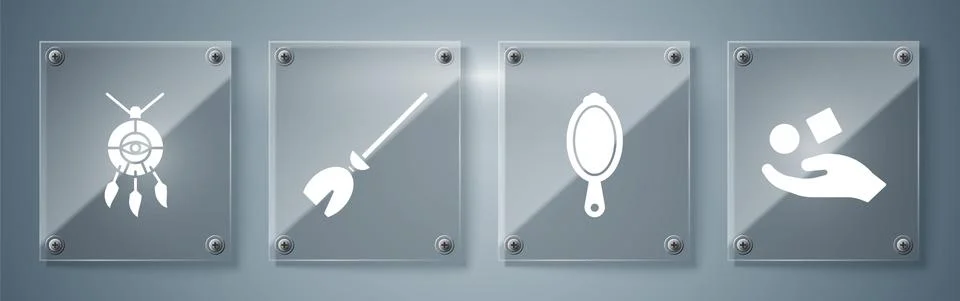 Set Cube levitating above hand, Magic hand mirror, Witches broom and Dream Illustrazione stock