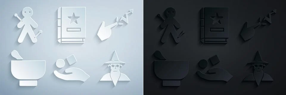 Set Cube levitating above hand, Spell, Magic mortar pestle, Wizard warlock Illustrazione stock