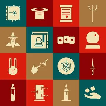 Set Cube levitating above hand, Dagger, Magic ball, Decree, paper, parchment Illustrazione stock