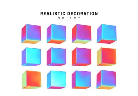 Set Cube. Square Realistic geometric shapes with holographic color gradient Stock Illustration