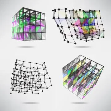 Set of cubes with color texture triangles, lines and dots Stock Illustration