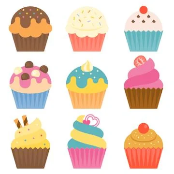 Set of cup cake icon with coating sugar, icing, chocolate ball in flat design Stock Illustration