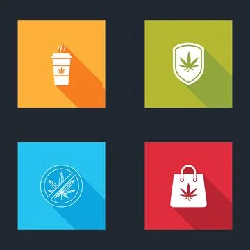 Set Cup coffee with marijuana, Shield and, Stop and Shopping bag icon. Vector Illustrazione stock