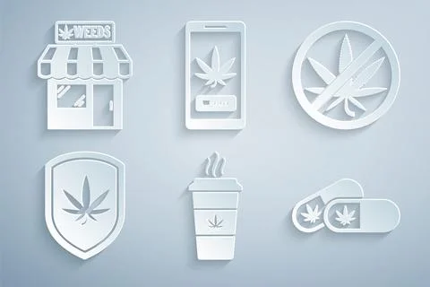Set Cup coffee with marijuana, Stop, Shield and, Medical pills, Online buyi.. Stock Illustration