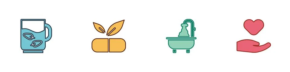 Set Cup of tea and leaf, Medical pill with plant, Bathtub and Heart in hand icon Stock Illustration