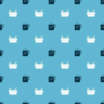 Set Cup of tea and leaf and Sauna bucket ladle on seamless pattern. Vector Stock Illustration