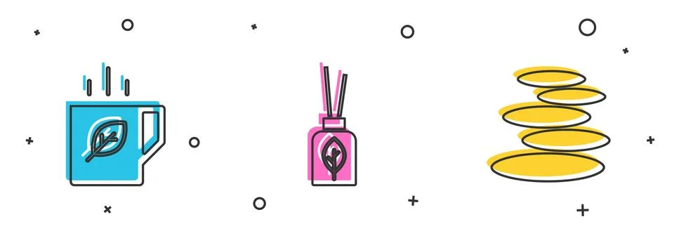 Set Cup of tea and leaf, Aroma diffuser and Stack hot stones icon. Vector Stock Illustration