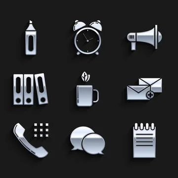 Set Cup of tea and leaf, Speech bubble chat, Notebook, Envelope, Telephone Illustrazione stock