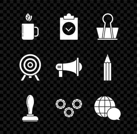 Set Cup of tea and leaf, Completed task, Binder clip, Stamp, Gear, World map Stock Illustration