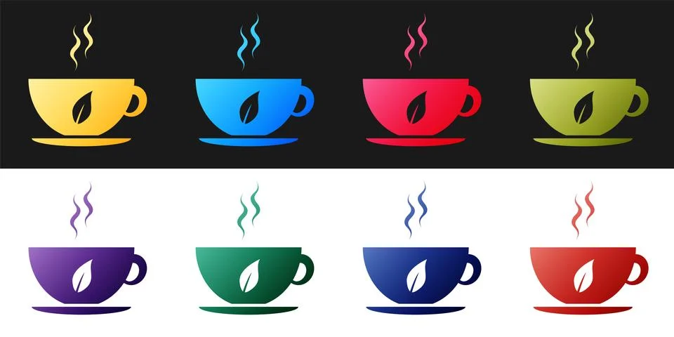 Set Cup of tea and leaf icon isolated on black and white background. Vector Stock Illustration
