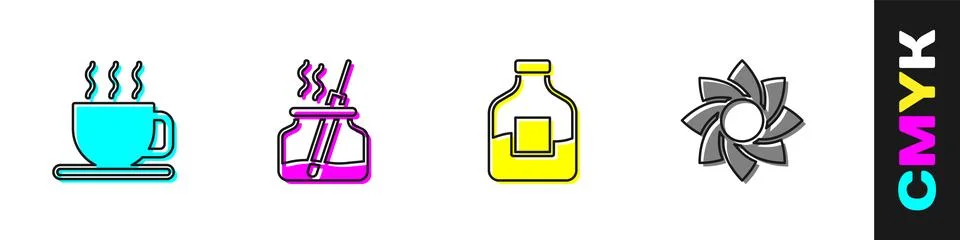 Set Cup of tea, Aroma diffuser, Bottle vodka and Flower icon. Vector Stock Illustration