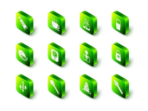 Set Cup of tea, Aroma diffuser, Sauna bucket, Essential oil bottle, Honey d.. Illustrazione stock