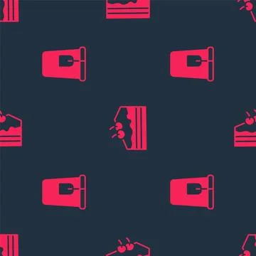 Set Cup with tea bag and Piece of cake on seamless pattern. Vector Stock Illustration