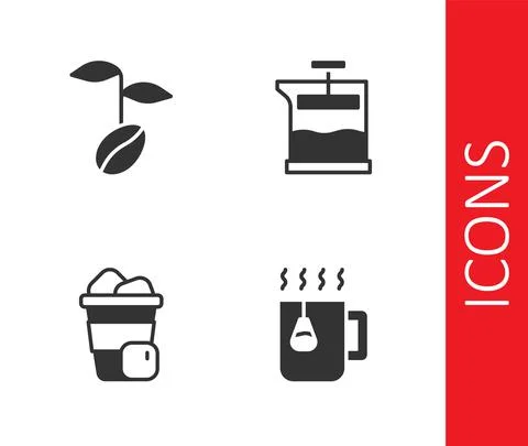Set Cup of tea with bag, Coffee beans, Iced coffee and French press icon. Vector Stock Illustration