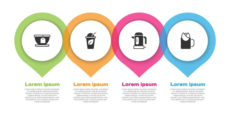 Set Cup with tea bag, of leaf, Electric kettle and rose. Business infographic Illustration