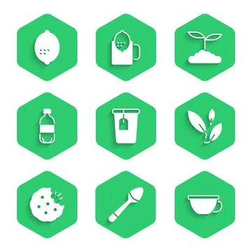 Set Cup with tea bag, Teaspoon, of, leaf, Cookie or biscuit, Bottle water,  a Stock Illustration