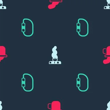 Set Cup of tea, Campfire and Carabiner on seamless pattern. Vector イラスト素材
