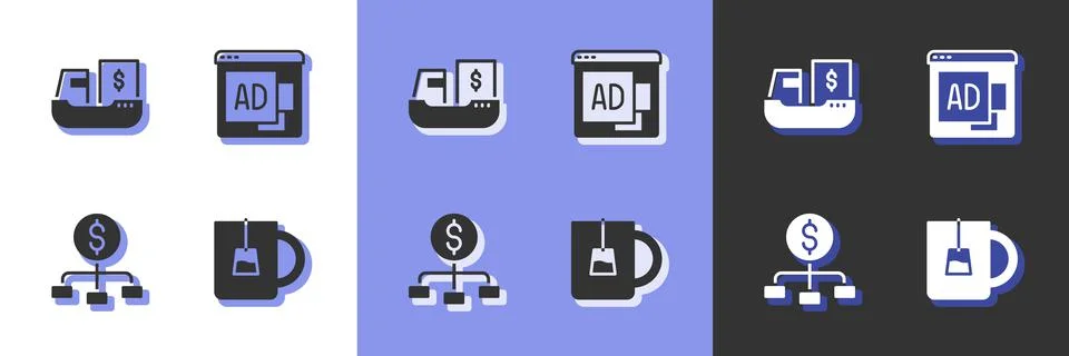 Set Cup of tea, Cargo ship with boxes delivery, Hierarchy dollar and Advertising Illustrazione stock