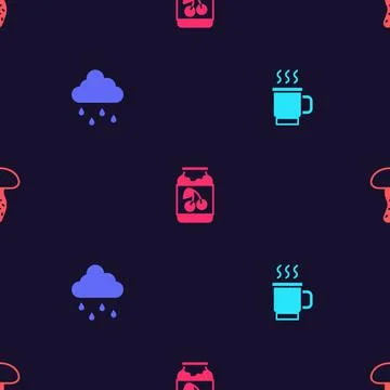 Set Cup of tea, Cloud with rain, Jam jar and Mushroom on seamless pattern Stock Illustration