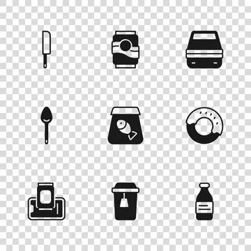 Set Cup of tea, Donut, Bottle water, Online ordering fish, Lunch box, Knife.. Stock Illustration