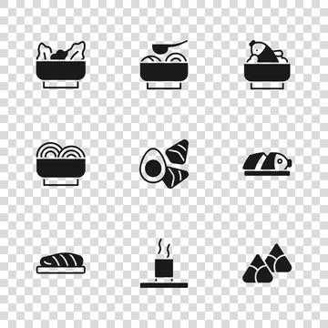 Set Cup of tea, Fish with sliced pieces, Zongzi in bamboo steamer, Chicken .. Stock Illustration