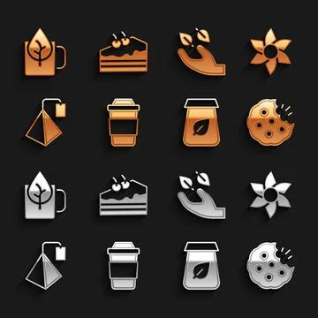 Set Cup of tea, Flower, Cookie or biscuit, Tea packaging, bag, leaf hand, w.. Illustrazione stock