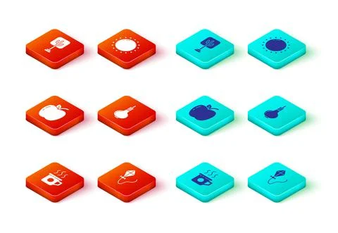 Set Cup of tea, Kite, Apple, Onion, Sun and Tree icon. Vector Stock Illustration