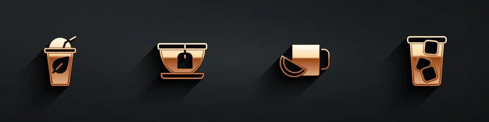 Set Cup of tea with leaf, bag, lemon and Ice icon with long shadow. Vector Stock Illustration