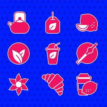 Set Cup of tea with leaf, Croissant, lemon, Cigarette, Flower, Tea, Lemon and Illustration