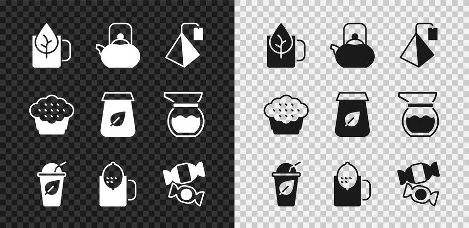 Set Cup of tea with leaf, Kettle handle, Tea bag, lemon, Candy, Muffin and Illustration