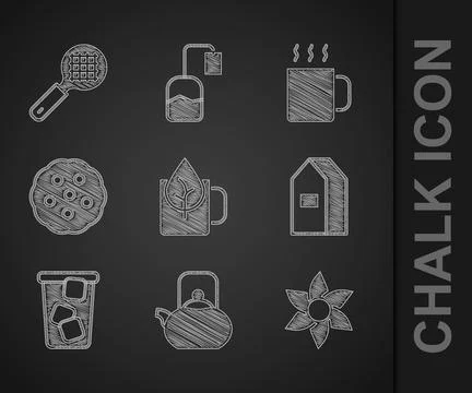 Set Cup of tea with leaf, Kettle handle, Flower, Paper package for milk, Ice Illustration