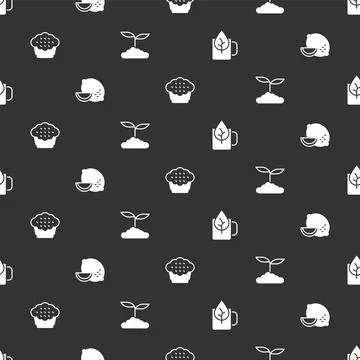 Set Cup of tea with leaf, Lemon, Muffin and Tea on seamless pattern. Vector Illustrazione stock