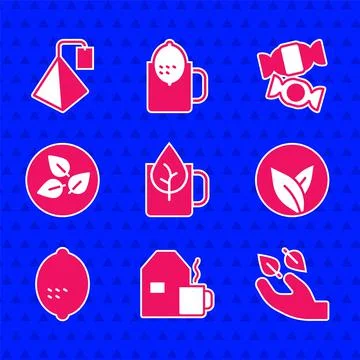 Set Cup of tea with leaf, milk, Tea in hand, Lemon, Candy and bag icon. Vector 스톡 일러스트