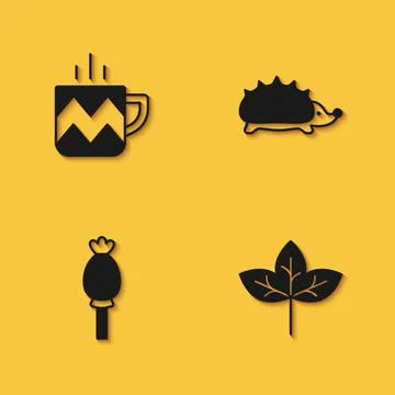Set Cup of tea, Leaf, Opium poppy and Hedgehog icon with long shadow. Vector Stock Illustration