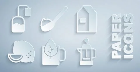 Set Cup of tea with leaf, Paper package for milk, Lemon, French press, Spoo.. Stock Illustration