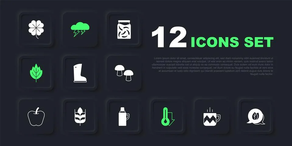 Set Cup of tea, Leaf, Waterproof rubber boot, Thermometer, Wheat, Cloud and.. Stock Illustration